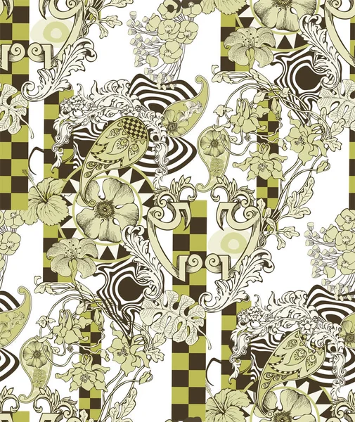 Naadloos Abstract Patroon Bloemen Bladeren Groen Geel — Stockvector