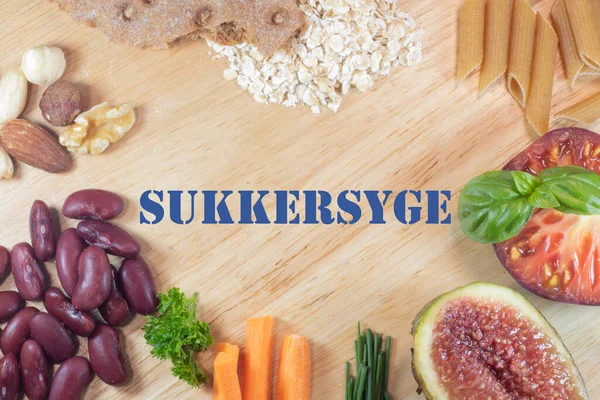 Food with low sugar levels, slow carbohydrates and high levels of fiber. Diabetes mellitus. Text in Danish.