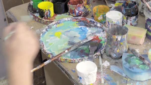 Artist Paints Picture Paints Brushes — Stock Video