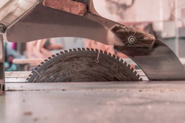 Sawing machine for wood in the workshop for the production of furniture. Woodworking circular saw for cutting.