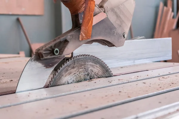 Sawing machine for wood in the workshop for the production of furniture. Woodworking circular saw for cutting.
