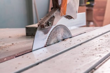 Sawing machine for wood in the workshop for the production of furniture. Woodworking circular saw for cutting.