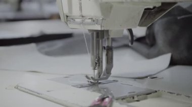 Atölyedeki bir terzi dikiş makinesine beyaz iplikçikli, hakiki deriden yapılmış bir ürün dikiyor.