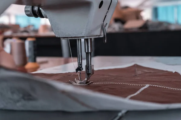 Seamstress Sews Sewing Machine Threads Fabric Women Hands — Stock Fotó