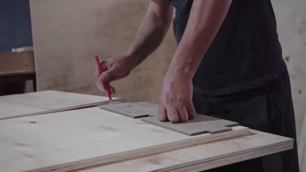Ένας Εργάτης Του Εργοστασίου Ζωγραφίζει Ένα Δέντρο Για Πριόνισμα — Αρχείο Βίντεο