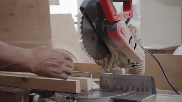 一位工厂工人在圆锯上切木条 沙尘在飞舞 — 图库视频影像