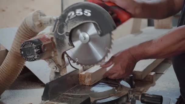 Ouvrier Coupe Des Barres Bois Sur Une Scie Circulaire Sciure — Video