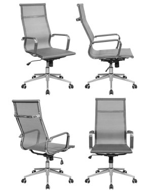 Gri ofis sandalyesi ve arkası örgülü. Beyaz bir arka planda izole edilmiş. Farklı taraflardan görünüm