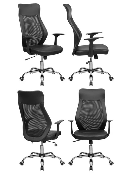 Czarne Chromowane Krzesło Biurowe Siateczką Tyłu Odizolowany Białym Tle Widok — Zdjęcie stockowe