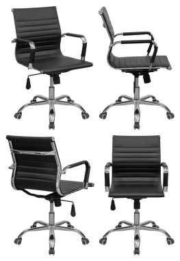 Siyah ofis koltuğu. Beyaz bir arka planda izole edilmiş. Farklı taraflardan görünüm