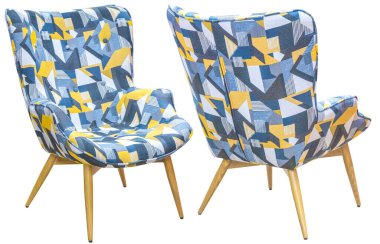 Tasarımcı koltuğu. Çok renkli tekstil ürünü. Beyaz bir arka planda izole edilmiş. İç öge