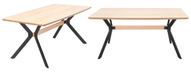 Metal bacaklı modern tasarımcı masası. Beyaz bir arka planda izole edilmiş. İç öge