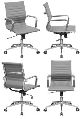 Krom üzerinde gri ofis koltuğu. Beyaz bir arka planda izole edilmiş. Farklı taraflardan görünüm