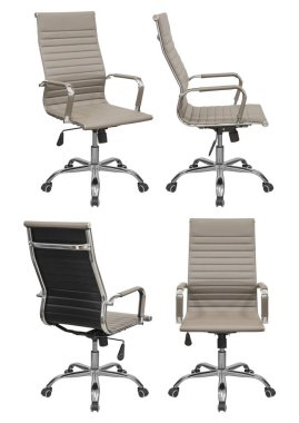 Krom kaplamalı ofis koltuğu. Beyaz bir arka planda izole edilmiş. Farklı taraflardan görünüm