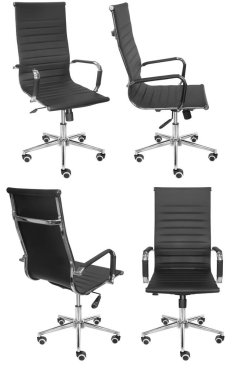 Siyah ofis koltuğu. Beyaz bir arka planda izole edilmiş. Farklı taraflardan görünüm