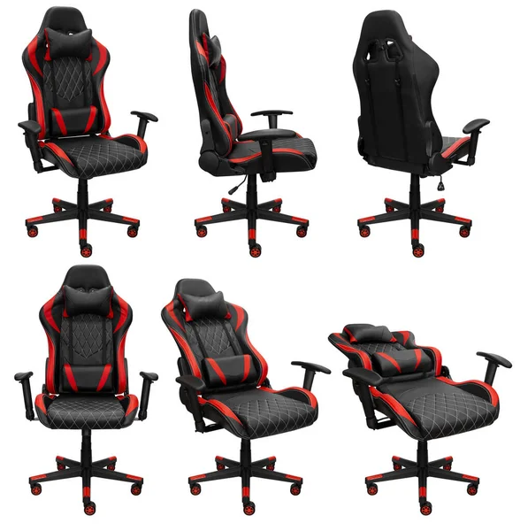 Gaming computer chair with adjustment. Isolated on a white background. View from different sides