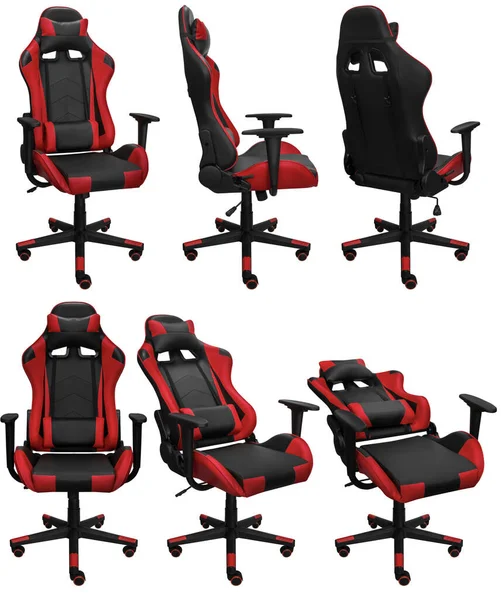 Gaming computer chair with adjustment. Isolated on a white background. View from different sides