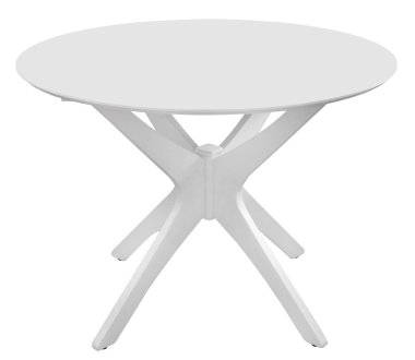 Beyaz yuvarlak ahşap yemek masası, beyaz renkli. Beyaz bir arka planda izole edilmiş. İç öge