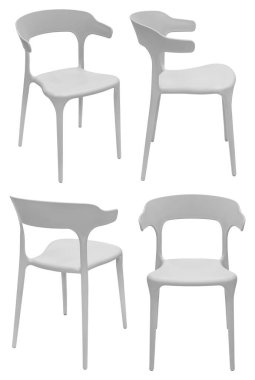 Farklı açılarda beyaz renkli modern stil plastik sandalye. Beyaz bir arka planda izole edilmiş. İç öge