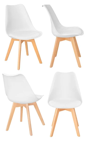 Μοντέρνα Κομψή Πλαστική Καρέκλα Ξύλινα Πόδια Διαφορετικές Γωνίες Λευκού Χρώματος — Φωτογραφία Αρχείου