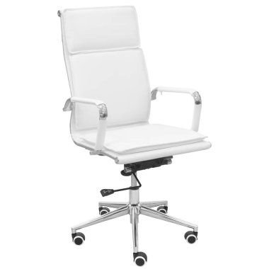 Krom kaplamalı beyaz ofis koltuğu. Beyaz bir arkaplanda izole edilmiş