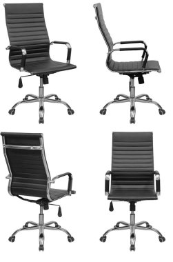 Siyah ofis koltuğu. Beyaz bir arka planda izole edilmiş. Farklı taraflardan görünüm