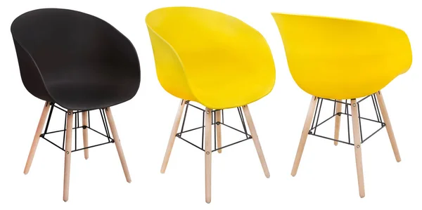 Modern Stylish Plastic Chair Wooden Legs Different Angles Yellow Black — Stock Photo, Image