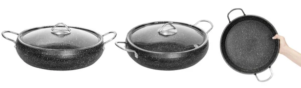 Μαγειρική Κατσαρόλα Από Μαύρο Μέταλλο Γυάλινο Καπάκι Απομονωμένα Από Φόντο — Φωτογραφία Αρχείου