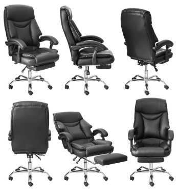 Siyah ofis koltuğu. Beyaz bir arka planda izole edilmiş. Farklı taraflardan görünüm