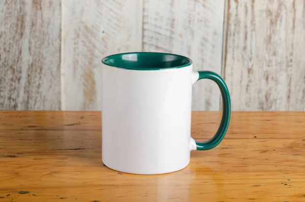 Blank white AND COLOR gren mug mockup photo with rustic wood background