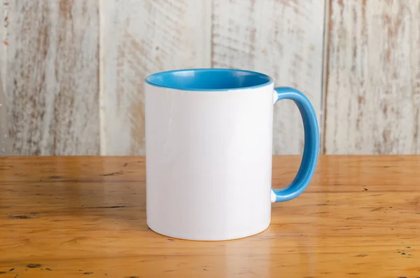 Blank white AND COLOR blue mug mockup photo with rustic wood background