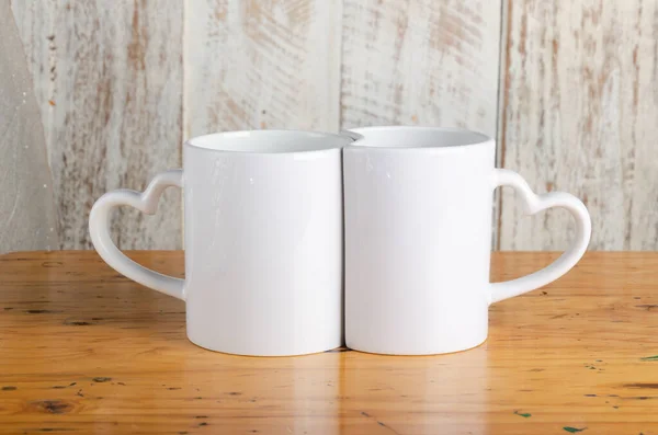 Blank White Color Mug Mockup Photo Rustic Wood Background Pair — Stock Photo, Image