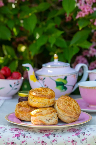 Frisch Gebackene Scones Mit Tee Garten — Stockfoto