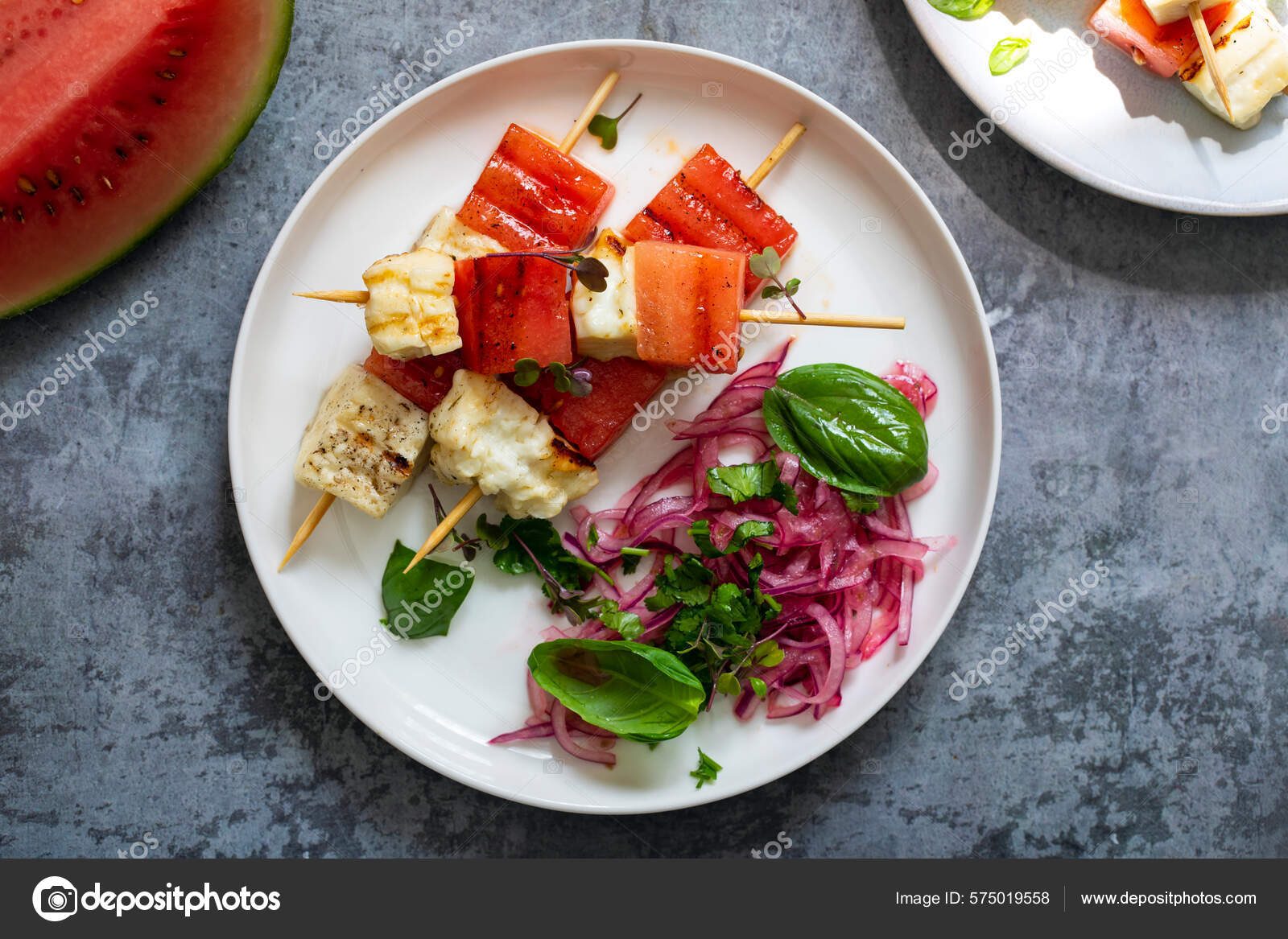 Grilled Halloumi Cheese Watermelon Skewers Stock Photo by ©Magdanatka
