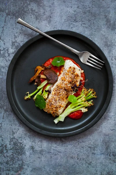 Heilbot Met Hazelnootkorst Met Geroosterde Rode Pepersaus Asperges Bloemkool Shiitake — Stockfoto