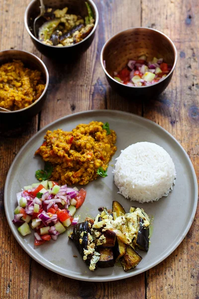 Indian Meal Masoor Dal Lentil Curry Dahi Baingan Rice Salad — Stock Photo, Image