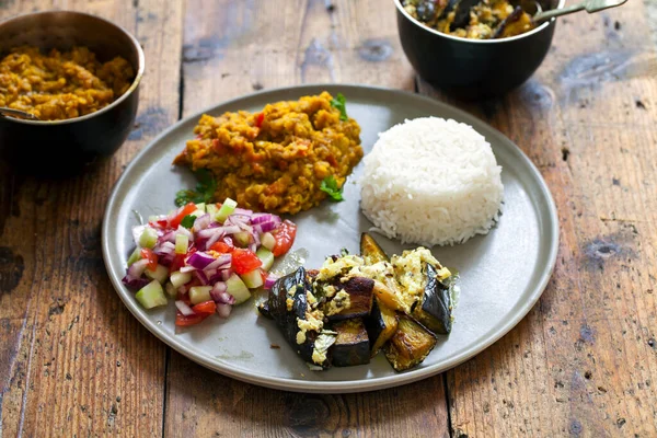 Indian Meal Masoor Dal Lentil Curry Dahi Baingan Rice Salad — Stock Photo, Image