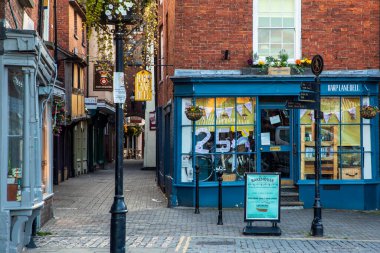 LUDLOW, SHROPSHIRE, ENGLAND, UK - 8th September 2019: Historic buildings along the street of the market town of Ludlow