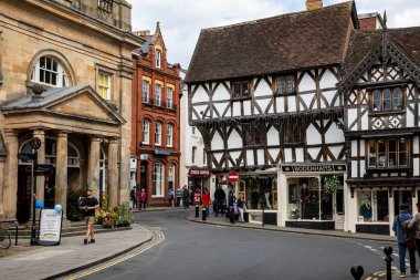 LUDLOW, SHROPSHIRE, ENGLAND, UK - 8th September 2019: Historic buildings along the street of the market town of Ludlow