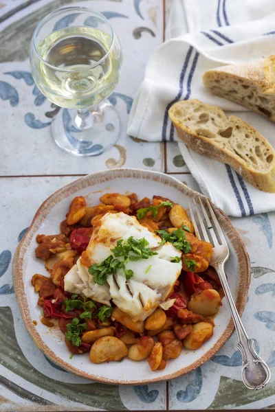 Spanish Dish Cod Butter Beans Tomatoes Chorizo — Stockfoto