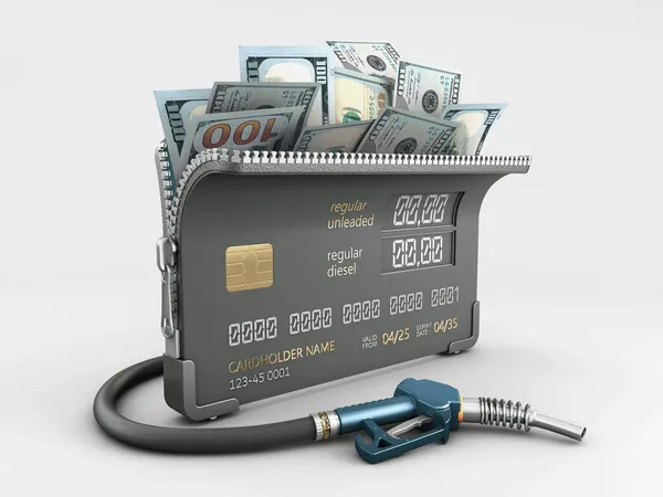 3d Rendering van realistische credit card met benzinestation en geld concept. — Stockfoto