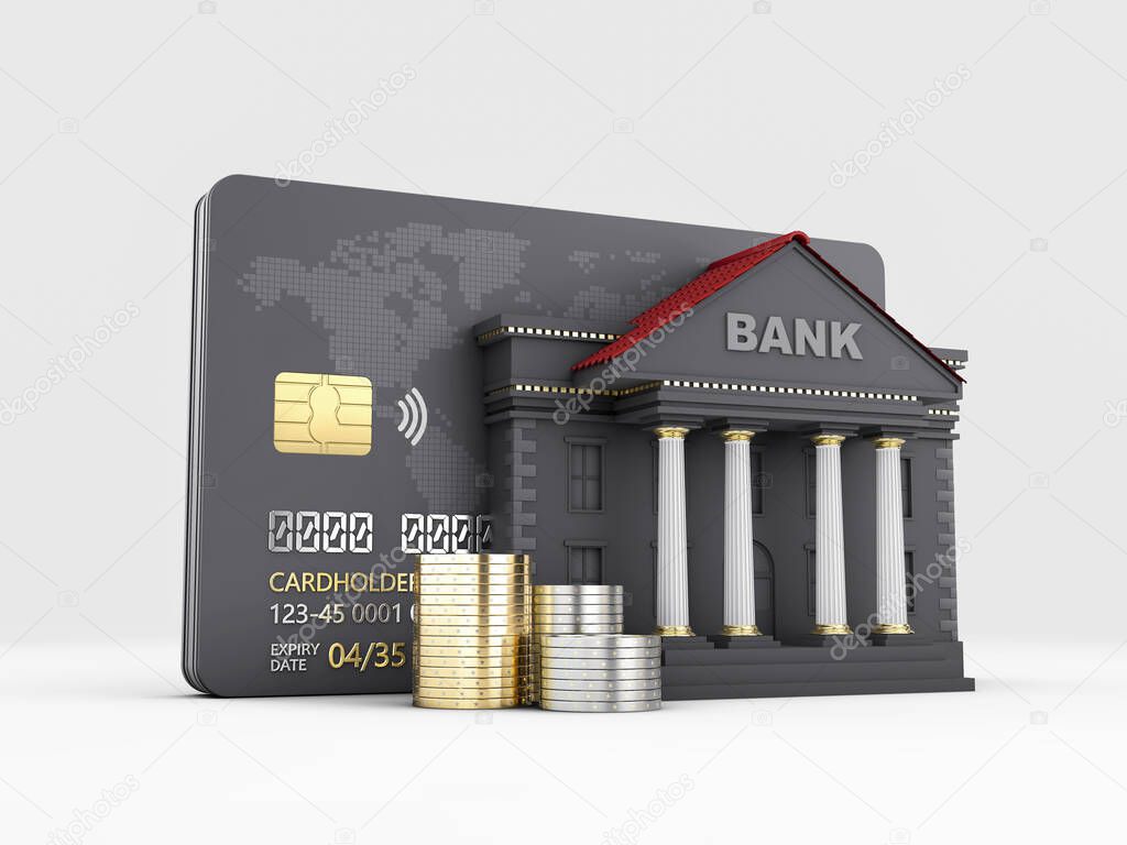 3d Rendering of Credit Card with Bank Building. clipping path included