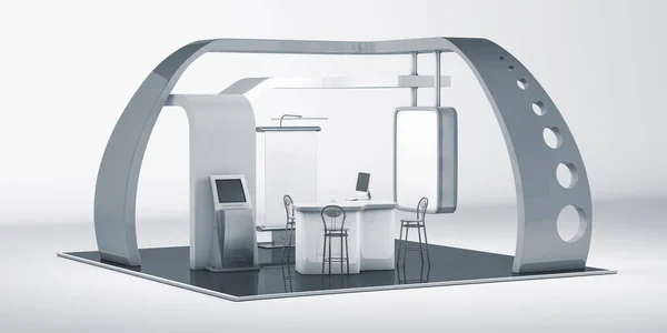 3D-Rendering von Ständer, Design mit Tisch und Stuhl, Infotafel, zusammenrollen. Schneidpfad inklusive — Stockfoto