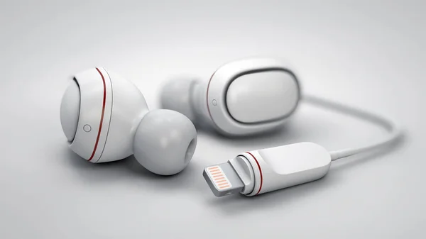 Białe bezprzewodowe słuchawki. Prawdziwe bezprzewodowe słuchawki stereo. 3d renderowanie — Zdjęcie stockowe