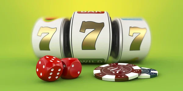 Slot machine with lucky sevens jackpot and dace with chips. Clipping path included. 3d Rendering — Stok fotoğraf