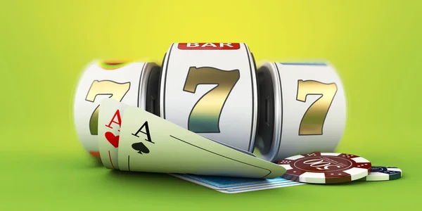 Slot machine with lucky sevens jackpot and chips. Clipping path included. 3d Rendering — 스톡 사진