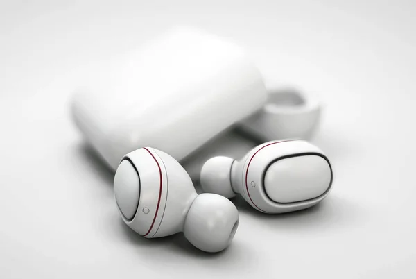 3D απόδοση των λευκών ασύρματων ακουστικών. Ασύρματα στερεοφωνικά ακουστικά — Φωτογραφία Αρχείου