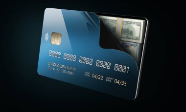 Open Credit card with dollars banknotes, clipping path included. 3d Rendering