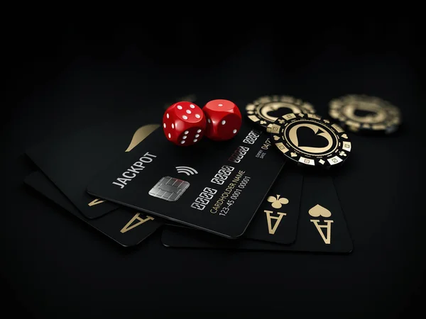 3d Αποτύπωση των τσιπ χρυσού καζίνο και μαύρες κάρτες παιχνιδιού με ζάρια, περικοπή διαδρομή που περιλαμβάνεται Royalty Free Εικόνες Αρχείου