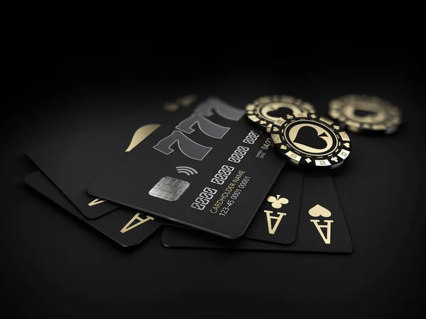 3D Kumarhane altın fişleri ve banka kartlarıyla siyah oyun kartları — Stok fotoğraf